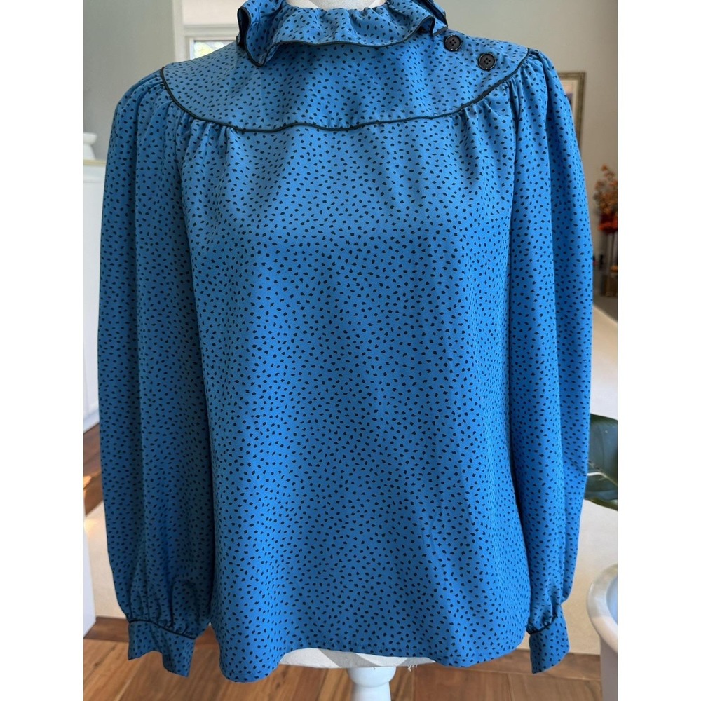 Vintage 80s Nipon Blouse Blue and Black Polka Dot Neck Ruffle Long Sleeve Blouse